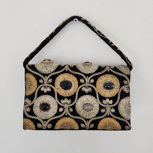 Vintage Evening Bag Jewel Beaded Black Ember Stones Embroidered 60's Clutch - Picture 8 of 8